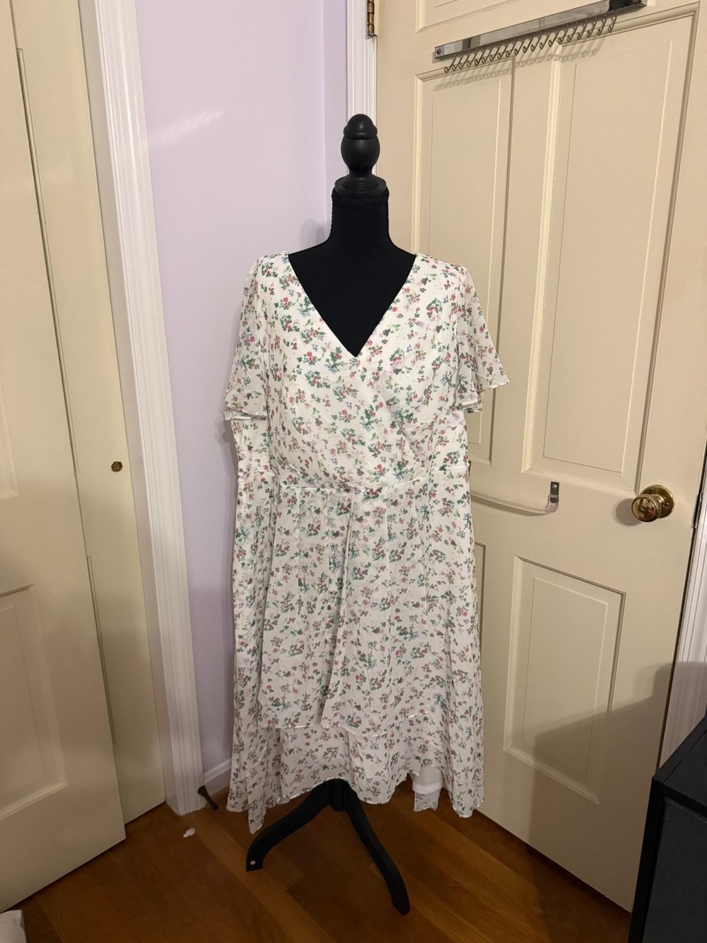 Floral Flowy Whimsical White V-Neck Midi Dress